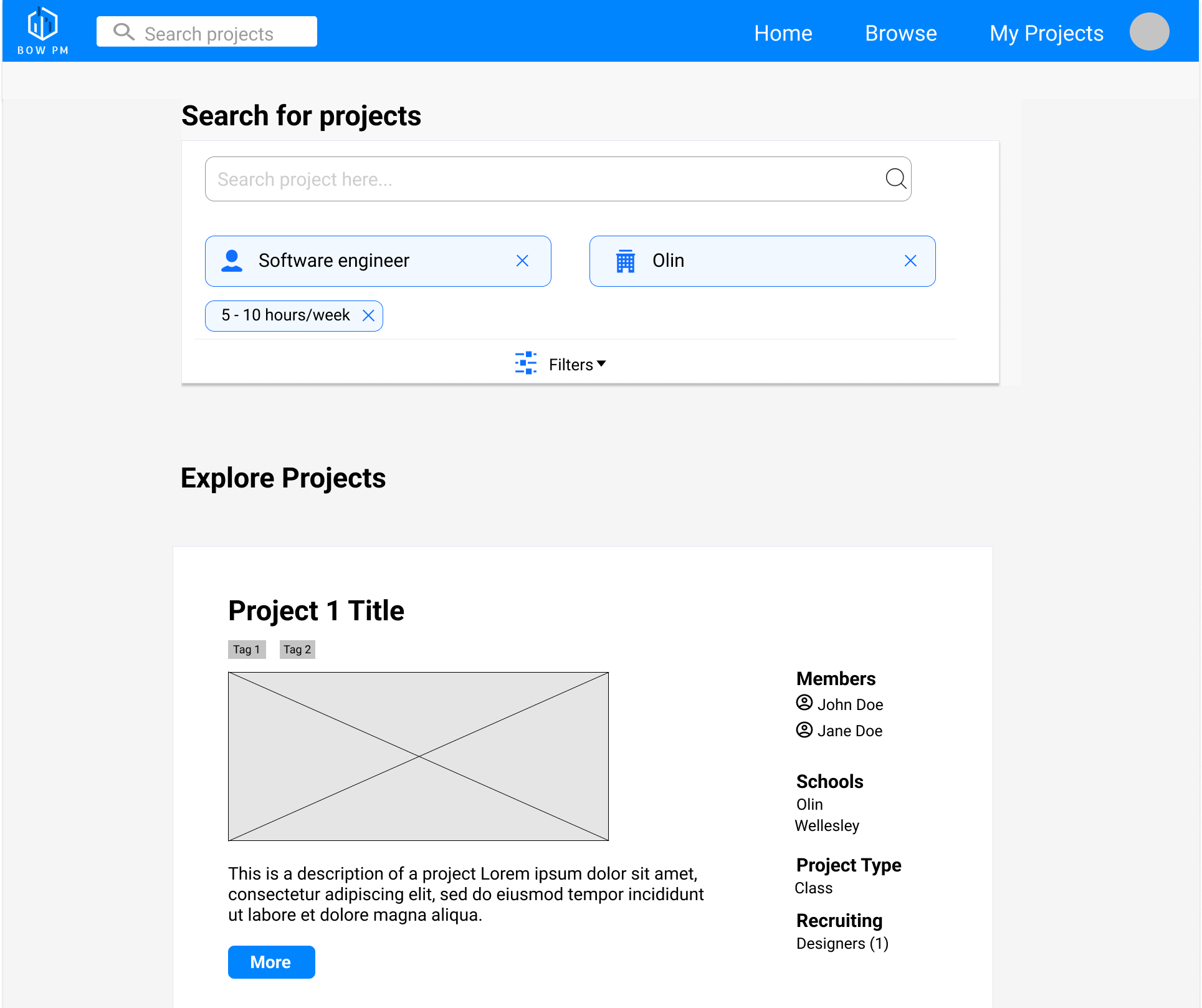 Screen grab of the search projects page Figma mockup